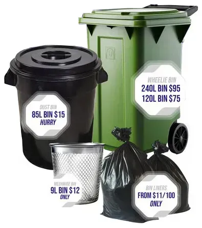 Bin price list: 240L wheelie bin $95, 120L wheelie bin $75, 85L dust bin $15, 9L meshwire bin $12, bin liners from $11 per 100