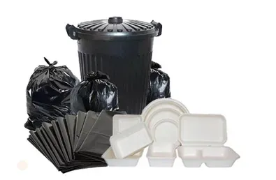 Black dustbin with bin liners, black sheeting and white kaylite takeaway containers