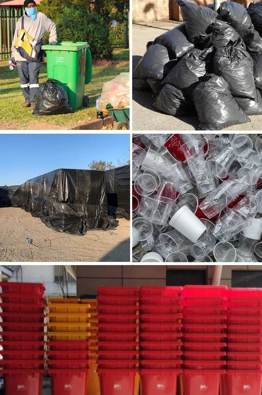 Waste collection in Harare with green and red wheelie bins, black refuse bags, black sheeting and disposable plastic cups supplied by Best Choice